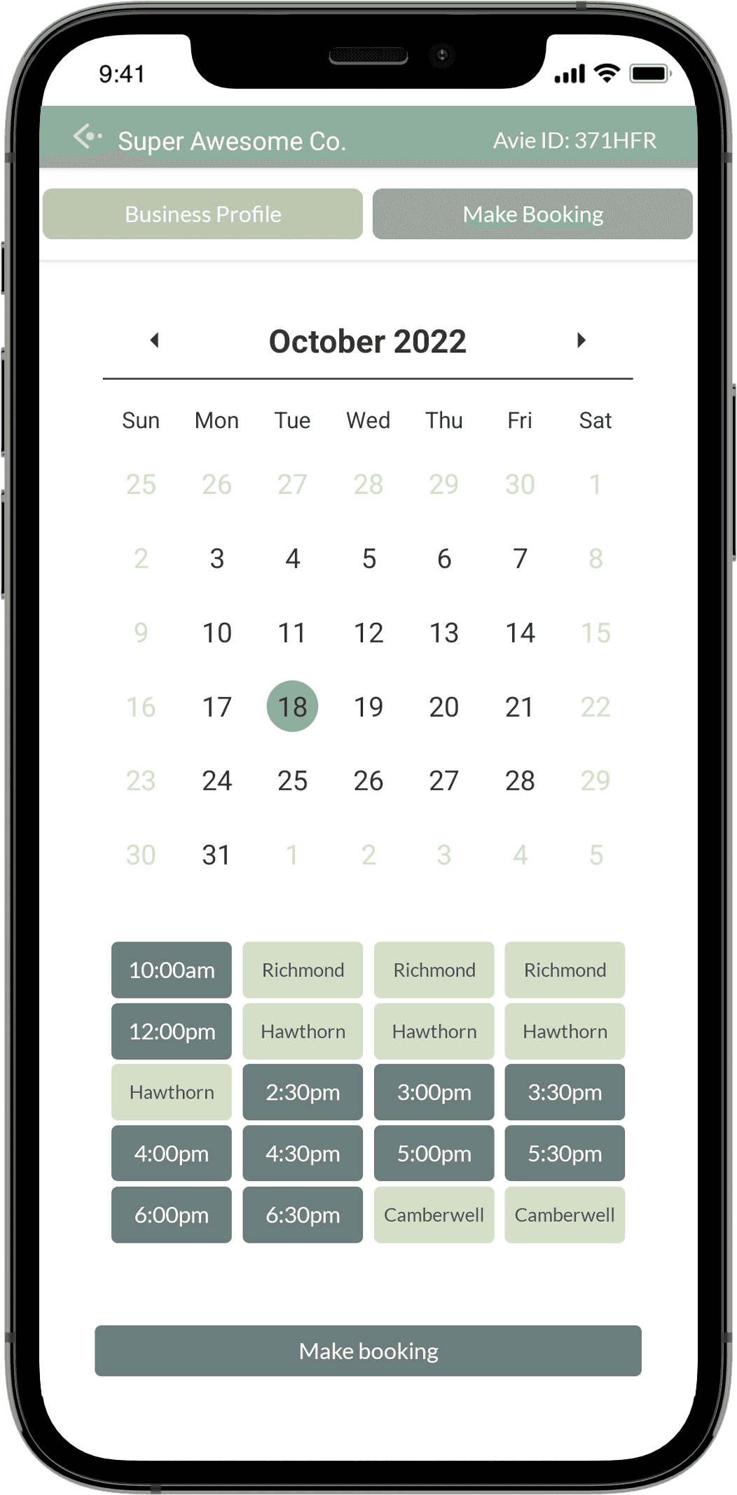 Avie app showing a client's live booking calendar with available time slots