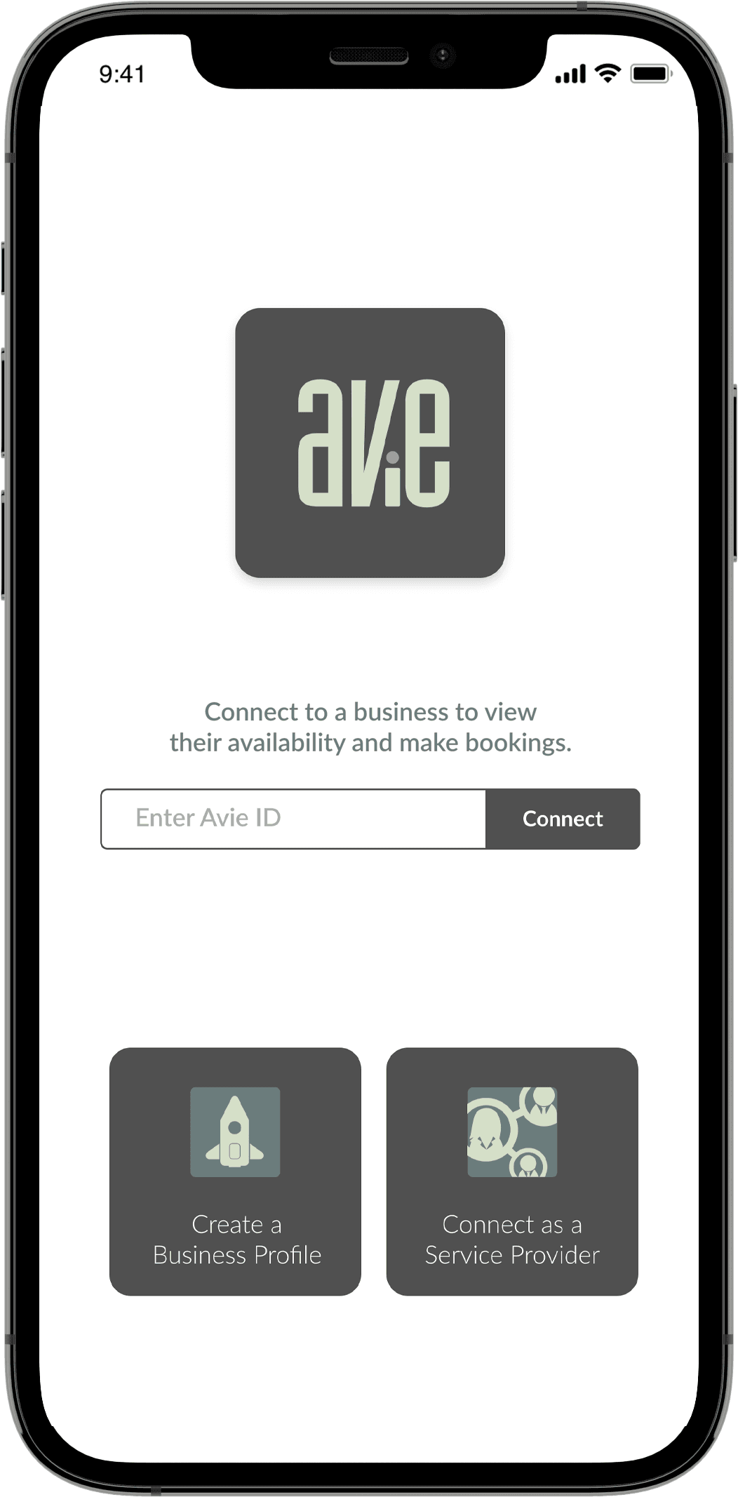 The Avie app's onboarding screen, the exact screen every operator sees on day one